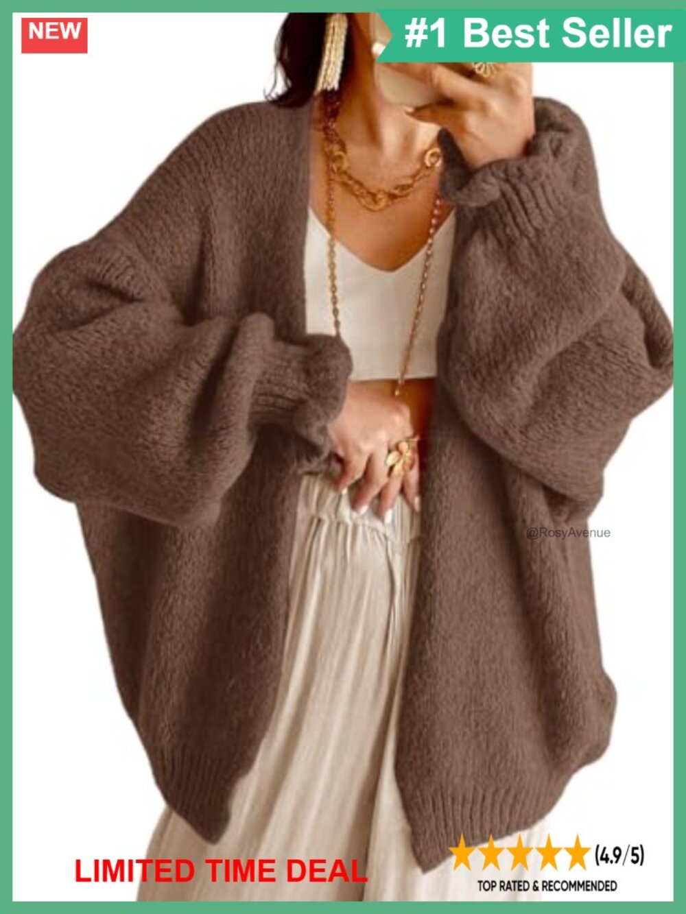 Oversized Chunky Knit Cardigan Ruffle Lantern Sleeve Open Front Sweater